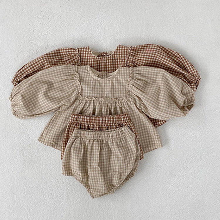 Girl's Suit Western Style Plaid Puff Sleeve Doll Top With Fart Pants Suit