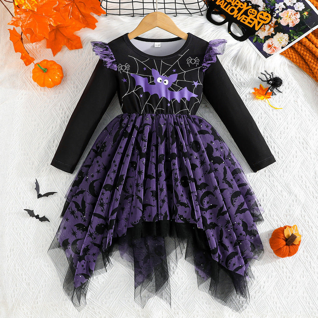 Mesh Irregular Hem Hanging Corner Printing Fashion Girls Dress