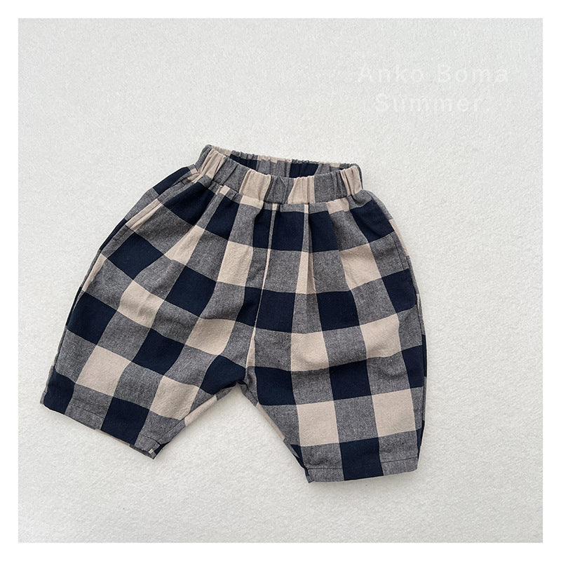 Retro Blue Plaid Casual Capri Pants Children's Middle Pants