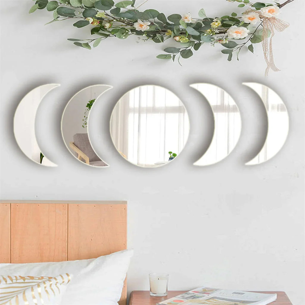 5PCS Moon Phase Design Acrylic Mirror Wall Sticker Self Adhesive Mirror Wall Decal Wall Decor for Home Living Room Bedroom Or