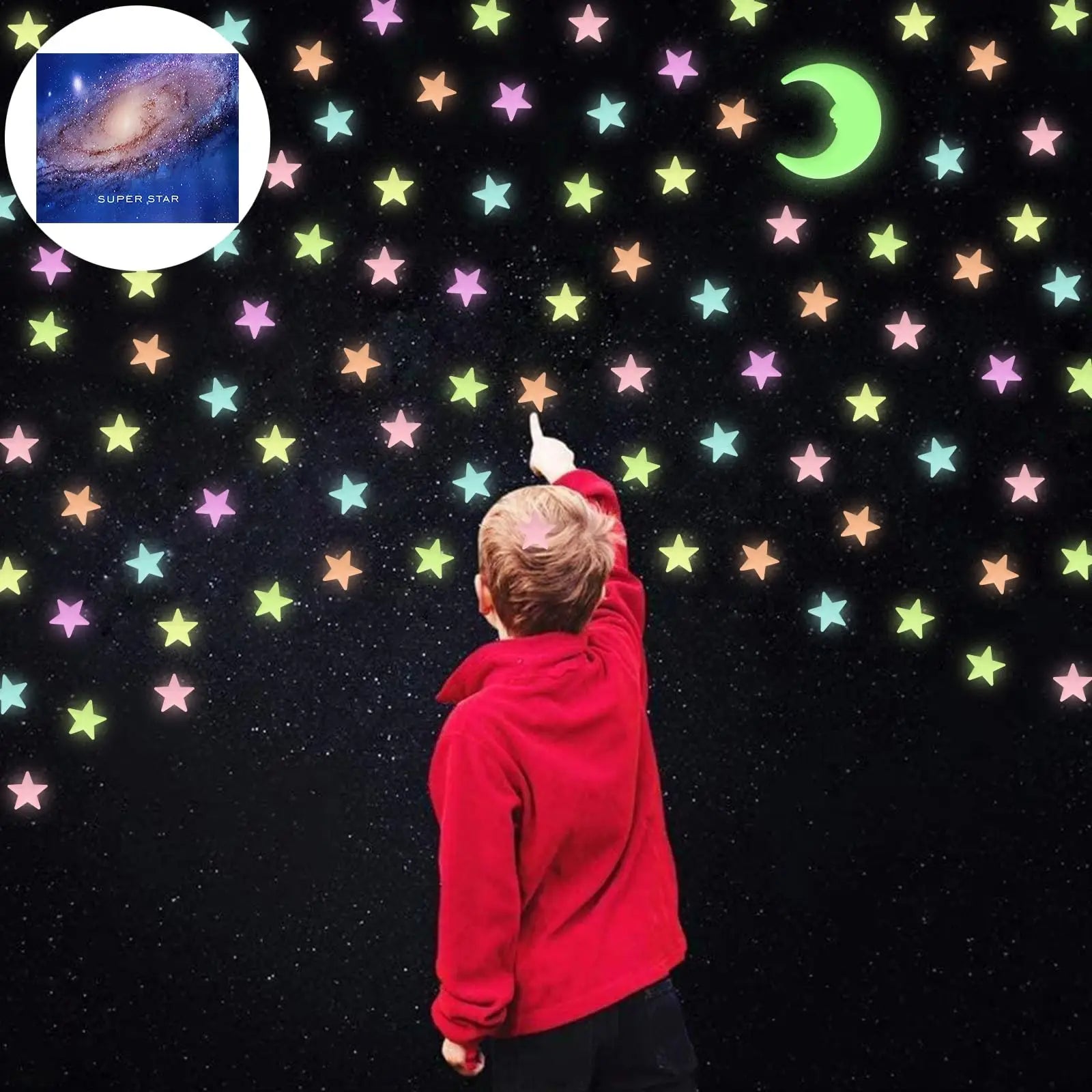 200Pcs Stars for Ceiling,3D Glowing Stars with Moon,6 Colors Adhesive Glowing Stars for Ceiling,Wall Decorations,Room Decor