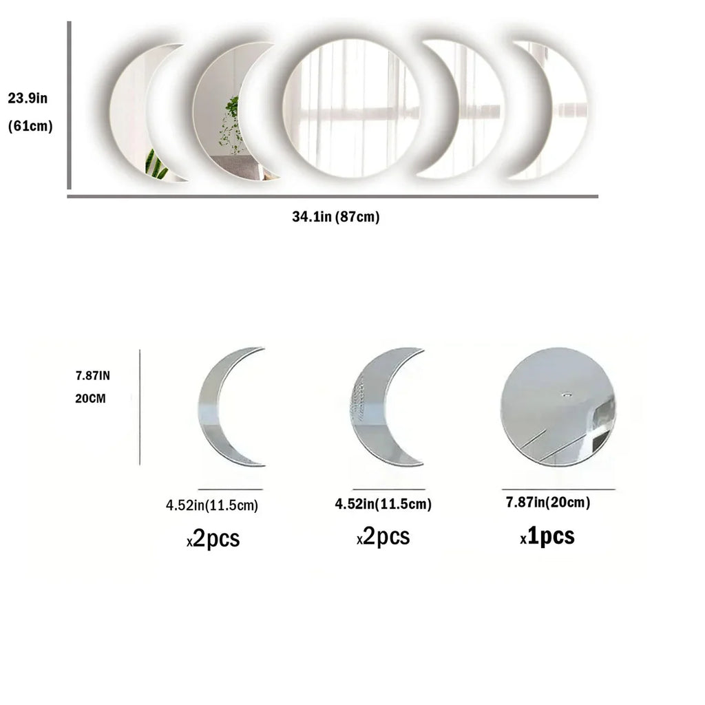 5PCS Moon Phase Design Acrylic Mirror Wall Sticker Self Adhesive Mirror Wall Decal Wall Decor for Home Living Room Bedroom Or