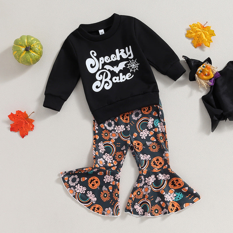 Letter Long Sleeve Sweater Bell-bottom Pants Suit