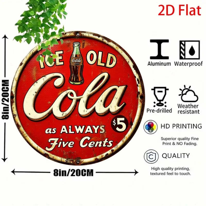 2D FLAT Vintage Cola Metal Sign - 8x8 Inch Round Aluminum Wall Art, Retro Ice-Cola Design, Rustic Decor for Home, Kitchen, Bar