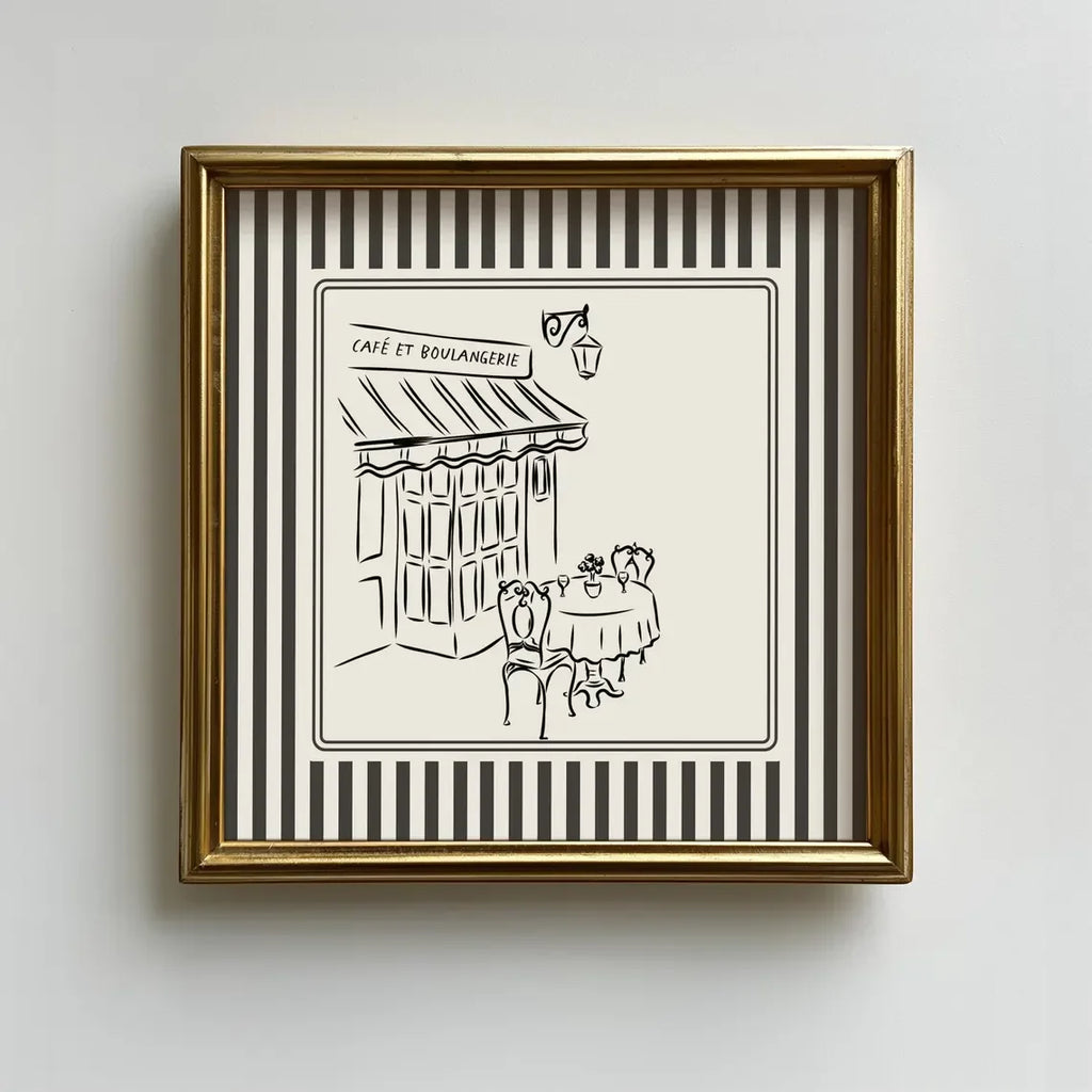 Black and White Striped French Cafe Print, Minimalist Illustration, Digital Downloads, Art Print, Gift Idea, Aesthetic