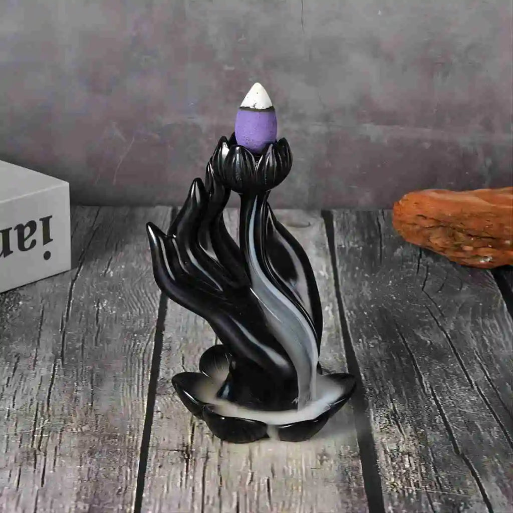 Buddha hand lotus reflux incense burner, waterfall incense burner, reflux incense burner handmade resin waterfall incense holder