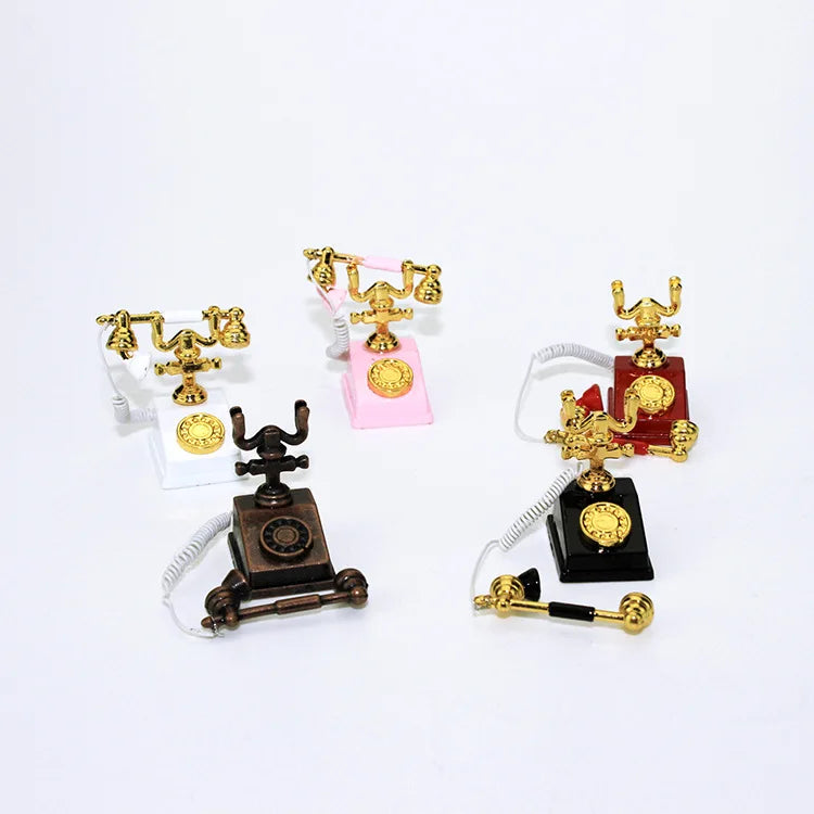 1:12 Home Decor Figurines Alloy Vintage Rotary Telephone Mini Retro Phone Model Miniature Phone Dollhouse Baby House Accessories
