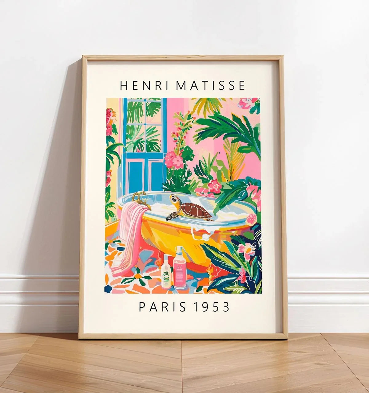 Black cat on toilet, Bathroom wall art, Matisse poster, Funny bathroom decor, Pink tropical decor