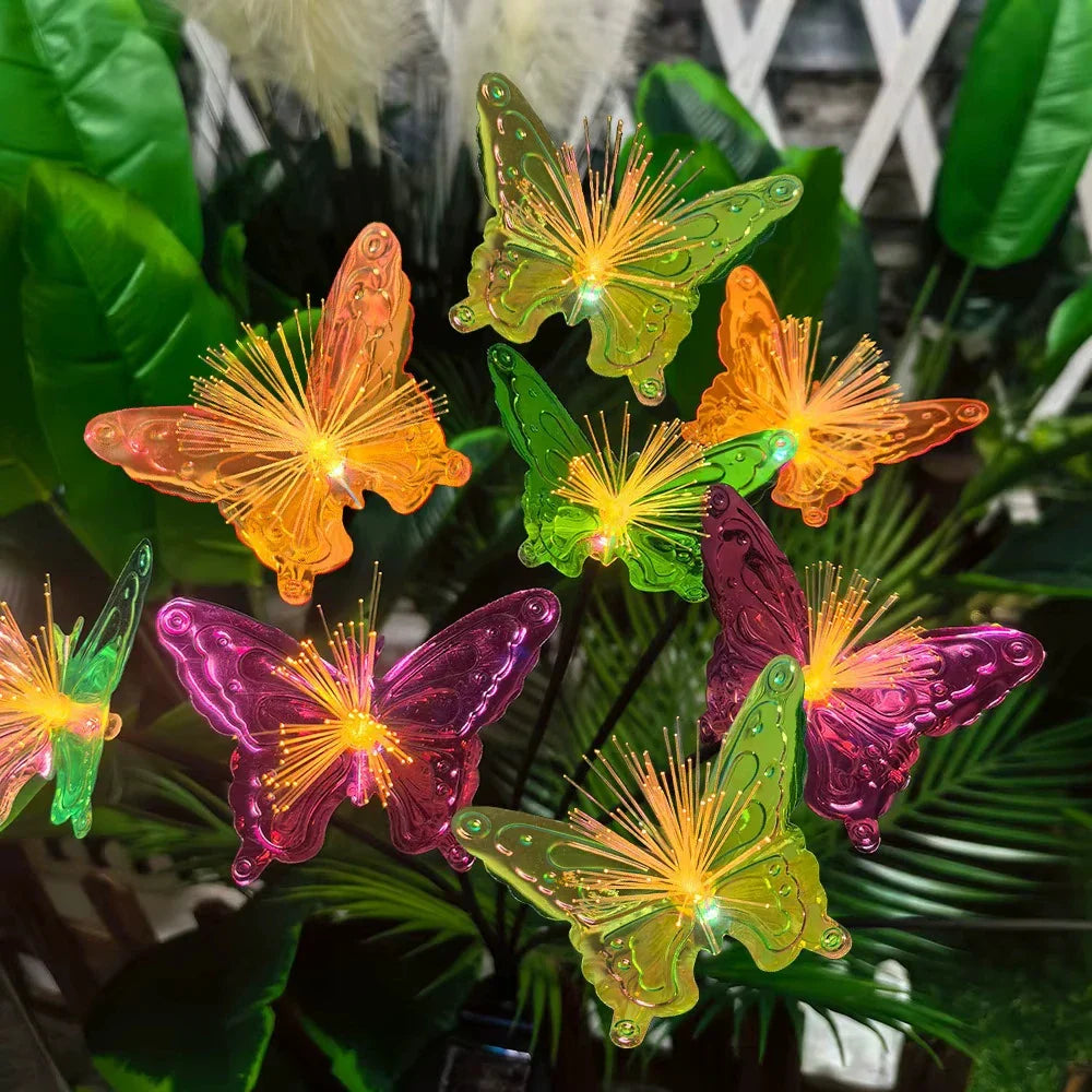 1PC 6-Head LED Solar Lamp,Outdoor Fiber Optic Butterfly Decoration Lighting,Ground,Lawn,Yard,Pathway Colorful Atmosphere Light