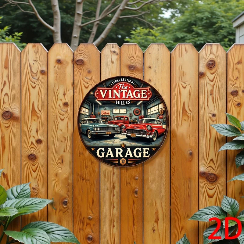 2D Flat Vintage Aluminum Round Wall Plaque - Retro Garage Metal Sign with Classic Cars & Tools Design, Americana Decor for Bars