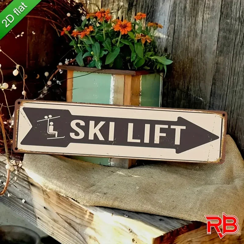 2D Flat, 1pc Vintage Ski Lift Metal Sign - Aluminum Wall Art 16x4 Inch, Rustic Indoor/Outdoor Decor for Home