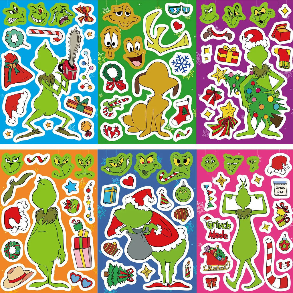 8/16/24PCS Puzzle Stickers Cartoon Green Haired Monster Make a Face Stickers DIY Handicrafts Waterproof Stickers