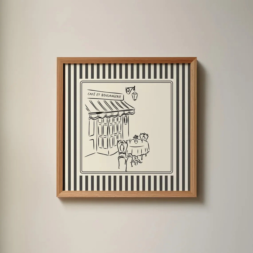 Black and White Striped French Cafe Print, Minimalist Illustration, Digital Downloads, Art Print, Gift Idea, Aesthetic