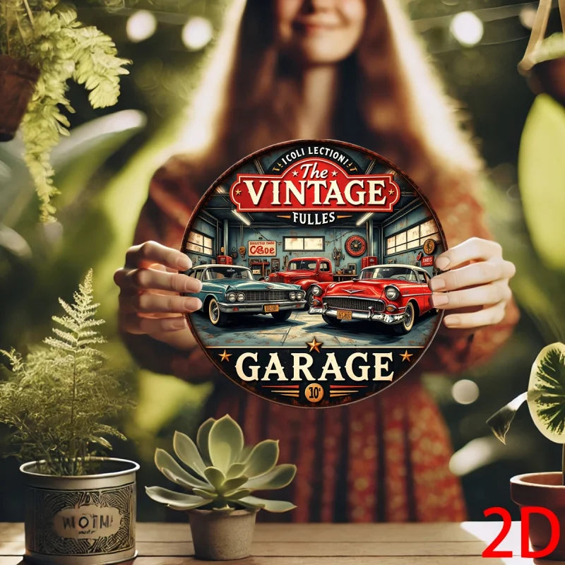 2D Flat Vintage Aluminum Round Wall Plaque - Retro Garage Metal Sign with Classic Cars & Tools Design, Americana Decor for Bars