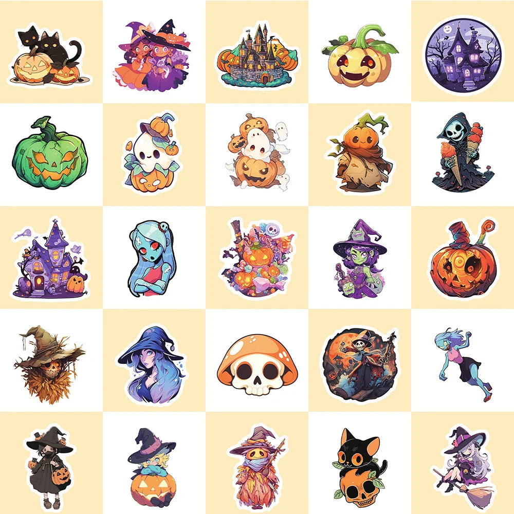10/30/50pcs Cool Cartoon Halloween Witch Waterproof Stickers Decoration Decals Motorcycle Laptop Phone Luggage Car Sticker Toy