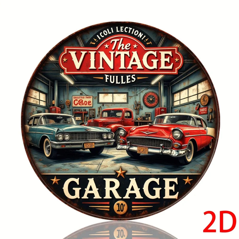 2D Flat Vintage Aluminum Round Wall Plaque - Retro Garage Metal Sign with Classic Cars & Tools Design, Americana Decor for Bars