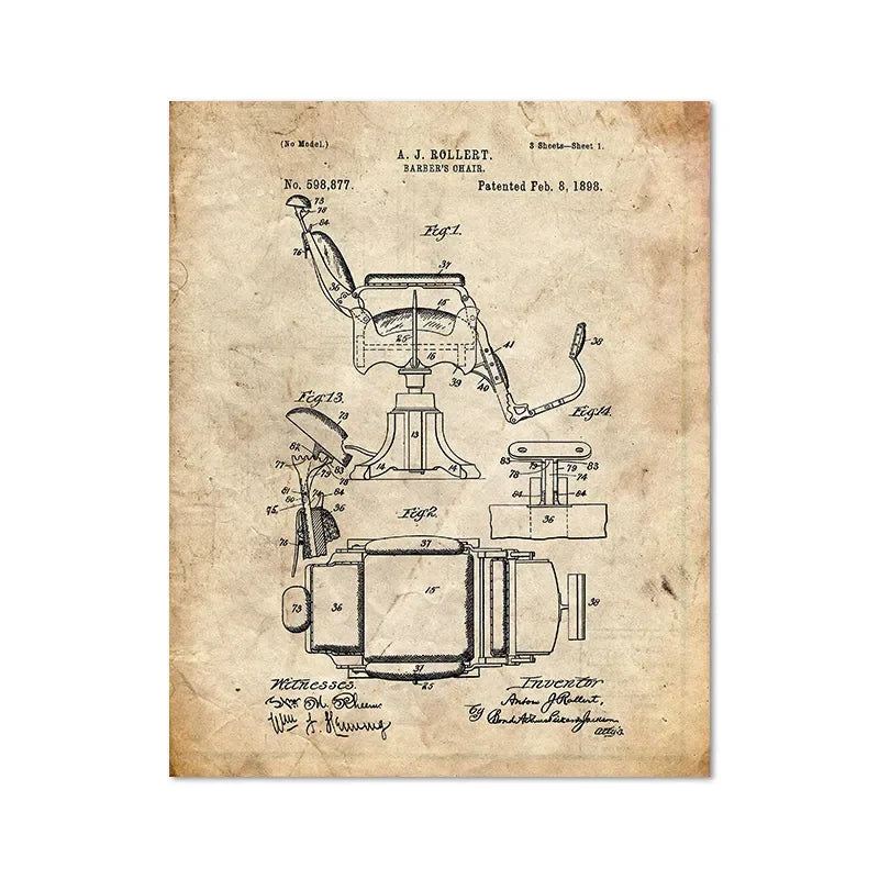 Barber Patent Blueprints Vintage Posters Canvas Prints ,Shaving Brush, Scissors Barber's Pole, Cutthroat Razor Barbershop Decor