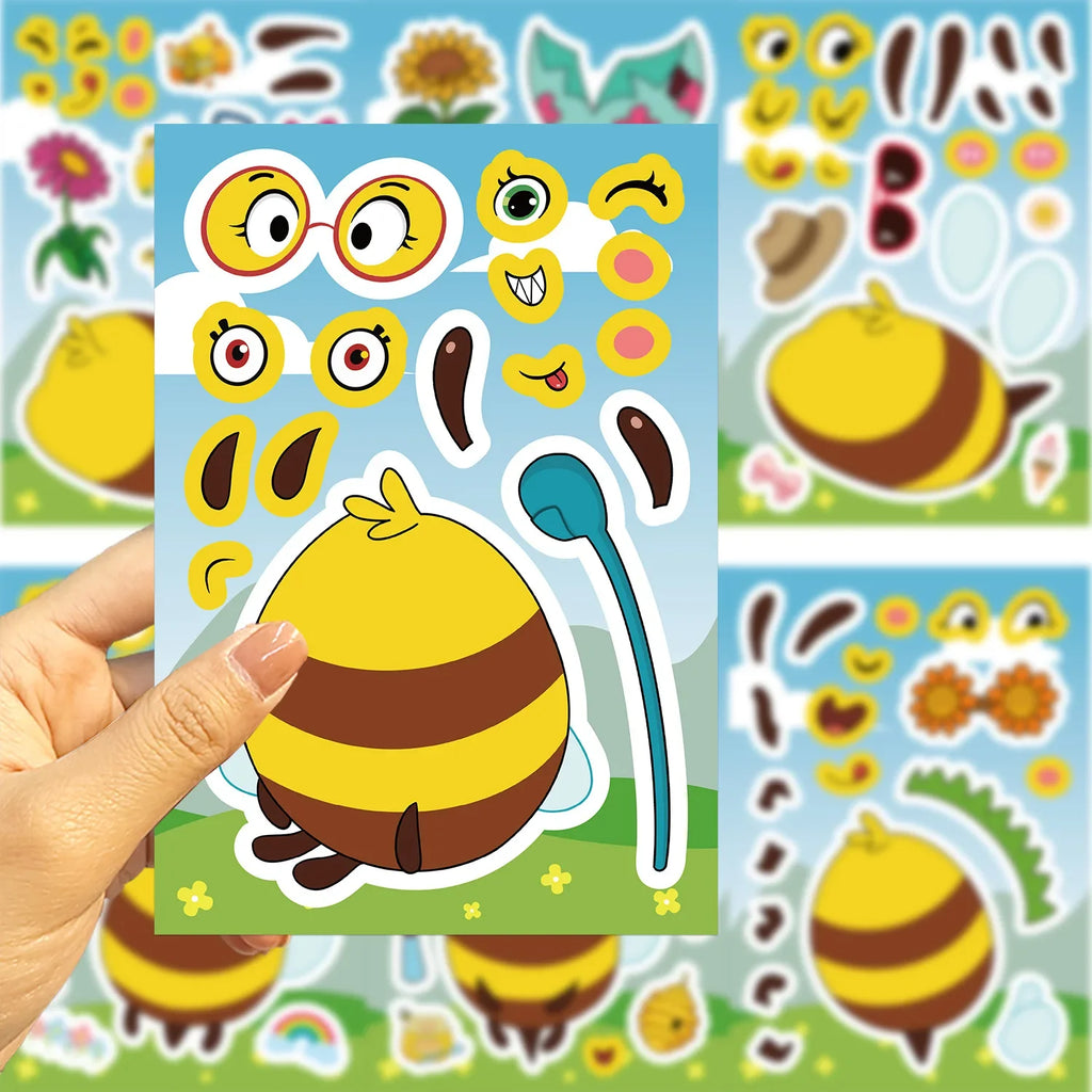 8/16/24PCS Toy Puzzle Stickers Cartoon Bee Expressions Make a Face Stickers DIY Handicrafts Waterproof Stickers
