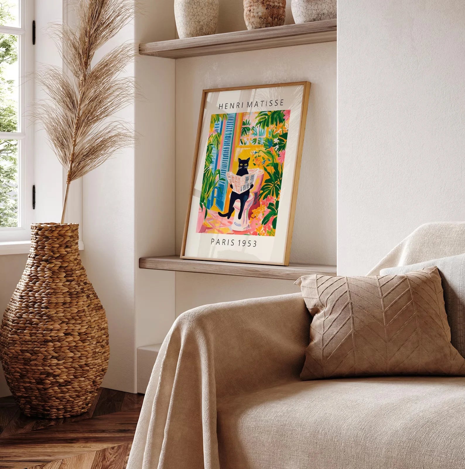 Black cat on toilet, Bathroom wall art, Matisse poster, Funny bathroom decor, Pink tropical decor