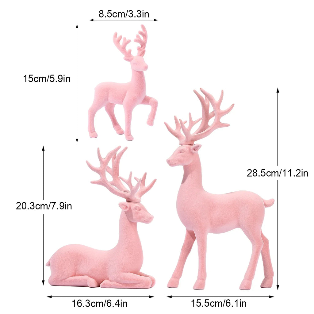 3 Pcs Large Figurines Christmas Decorations Pink Flocked Reindeer Statue Christmas Decor,White Elk Solid Synthetic Resin