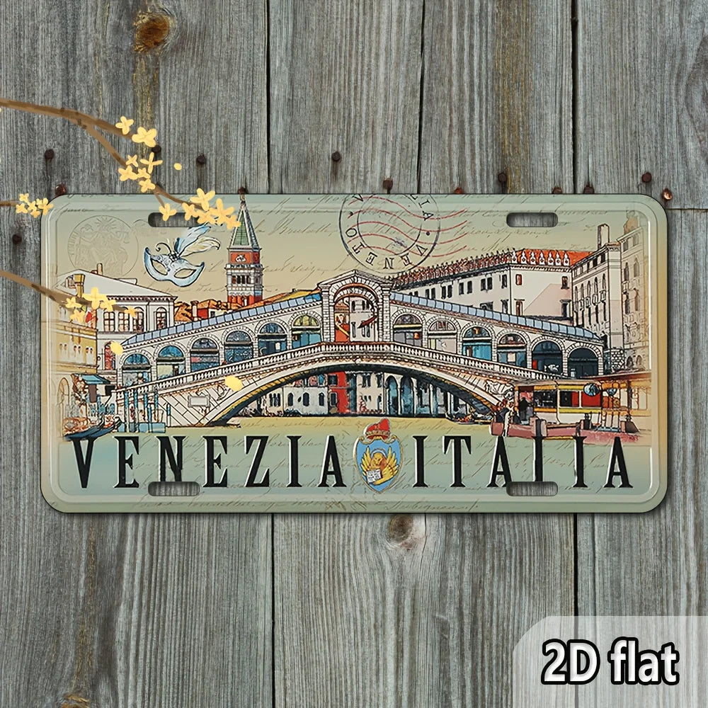 2D Flat, Vintage Italian Travel Poster - Venice Italy Metal Wall Decor Sign with Rialto Bridge & Gondola