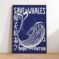 Modern Japanese Style Blue Retro Save The Whales Wall Art Prints Canvas Painting Poster Picture For Living Room Home Decor