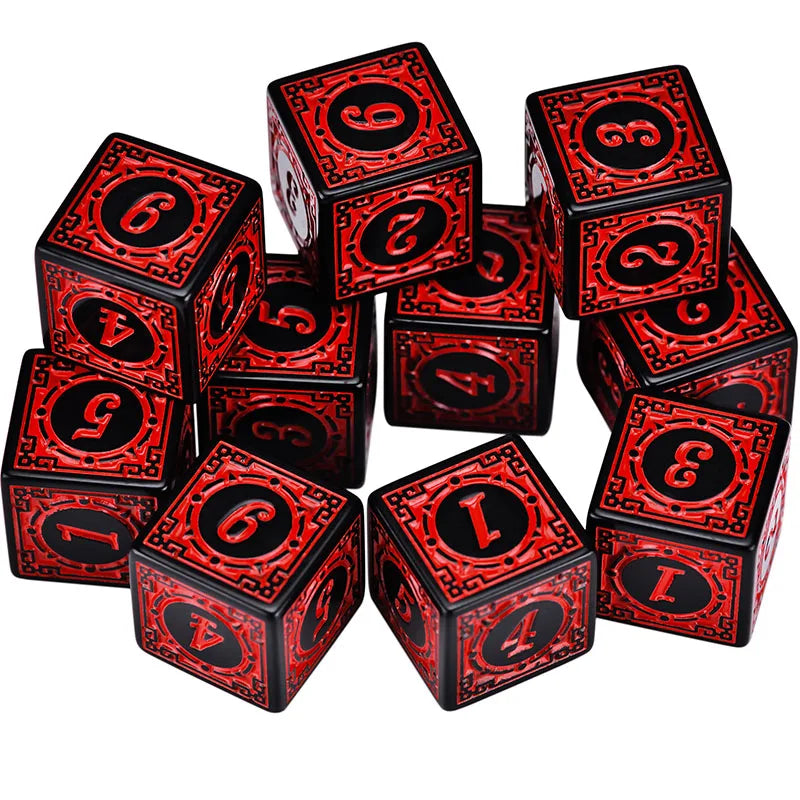 10PCS/Set Acrylic Dice Set D6 Carved Pattern Polyhedron Dice 6-sides Game Dice for RPG Dungeons and Dragons Board Game