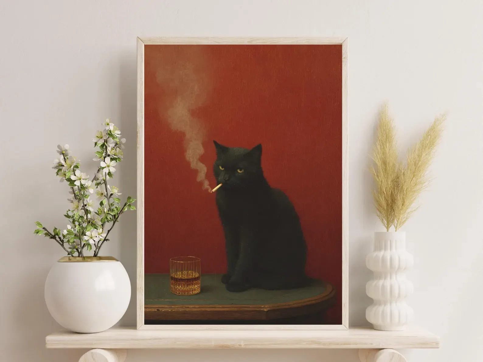 Black Cat Smoking a Cigarette Vintage Poster Art Retro Whimsical Print Funny Animal Wall Decor Poster for Bar Cart Quirky Kitche