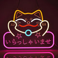 Neon Sign Maneki Neko Welcomes Fortune Cute Beckoning Cat with Welcome Sign for Restaurant Shop Home Bar Decor LED Night Light