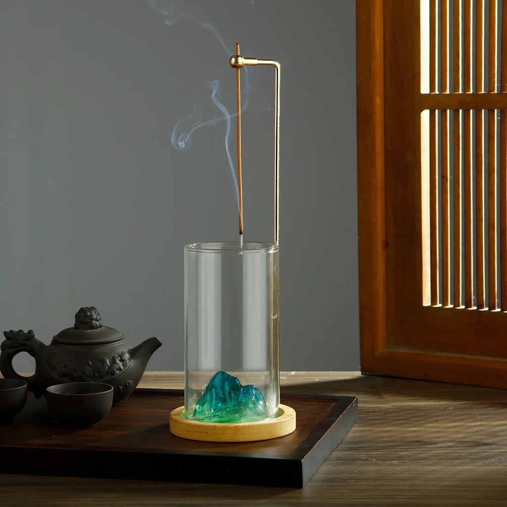 Glass Mountain Incense Holder for Sticks Incense Sticks Holder with Cord Lock Anti-Ash Flying Incense Burner with Ash Catcher