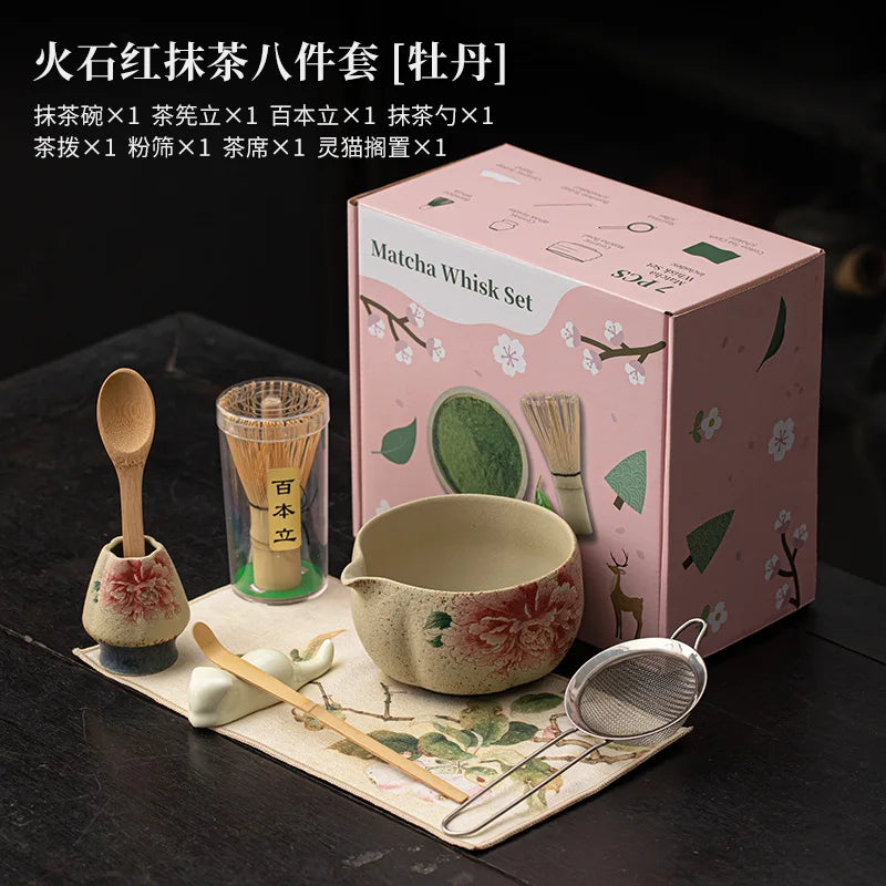 2-8PCS Japanese Flint red Matcha Making Set Bamboo Matcha Brush Exquisite Matcha Bowl Box with Whisk Sumptuous Tea Tools Gifts