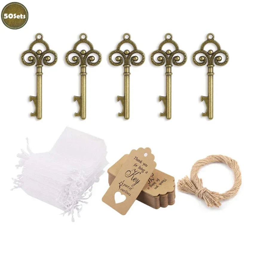 50Pcs/Set Key Bottle Opener With Tag Card Twine Yarn Bag Suitable For Wedding Gift Baby Shower Party Christmas Home Decor Gifts