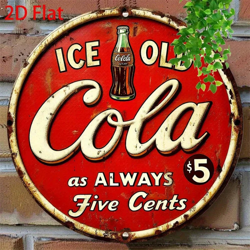 2D FLAT Vintage Cola Metal Sign - 8x8 Inch Round Aluminum Wall Art, Retro Ice-Cola Design, Rustic Decor for Home, Kitchen, Bar