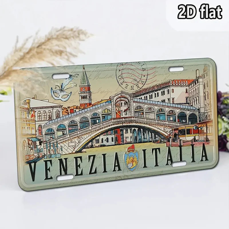 2D Flat, Vintage Italian Travel Poster - Venice Italy Metal Wall Decor Sign with Rialto Bridge & Gondola