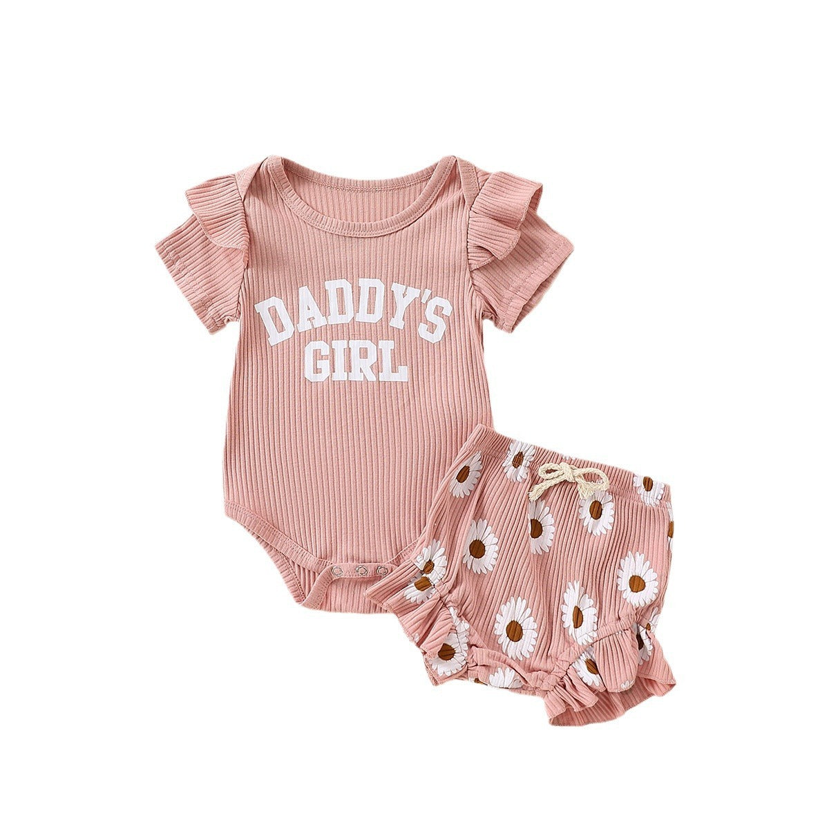 Flounced Sleeve Romper Fake Drawstring Shorts Two-piece Set